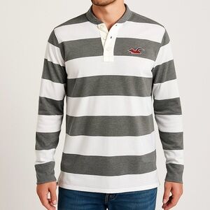 Hollister Henley Long Sleeve Shirt 100% Cotton Grey White Stripe Youth L Adult S